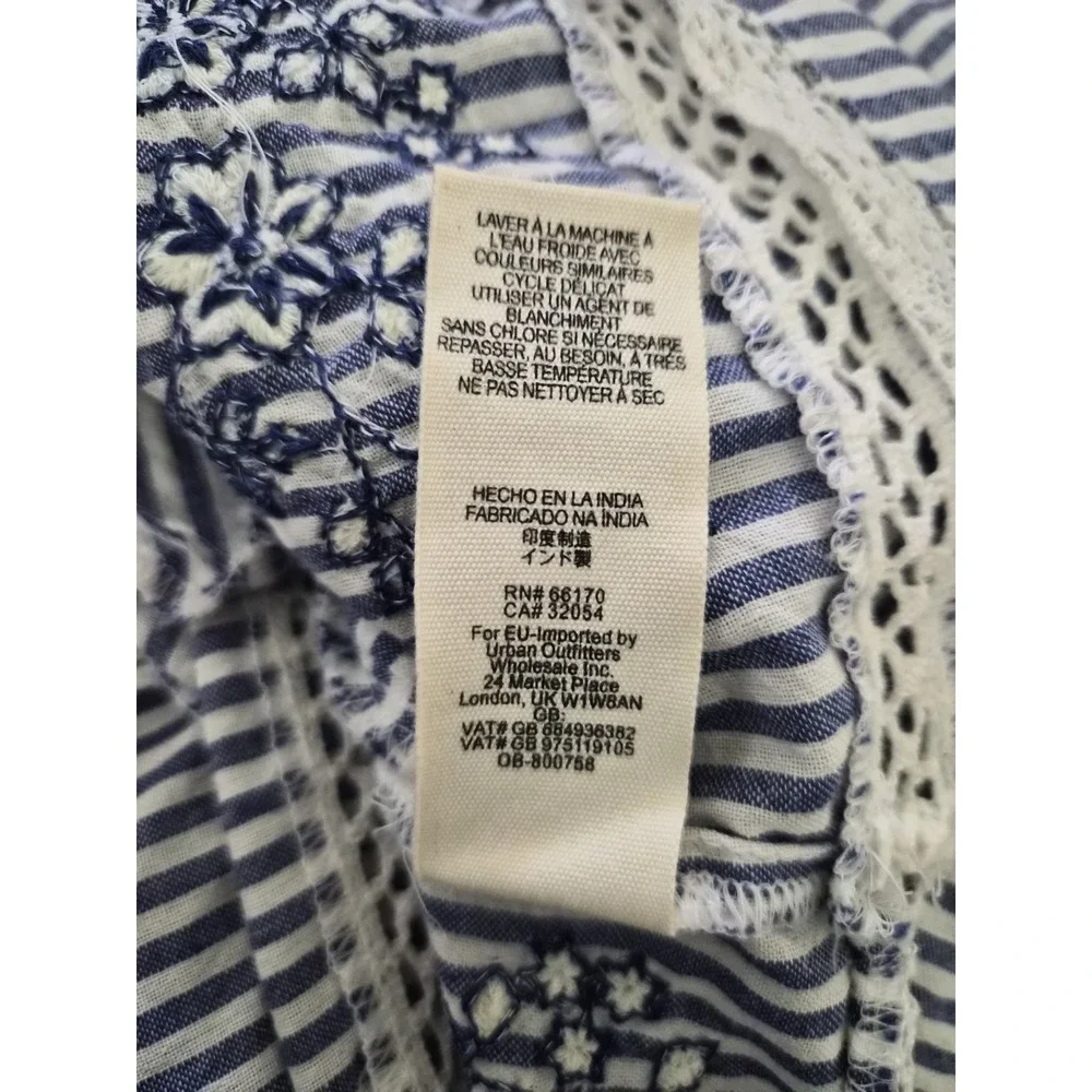 Free People Sunny Day Dress L Blue White Stripe Embroidered Cotton Boho Mini